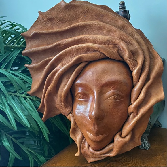 Vintage Elegant Brown Leather Sculpted Face Art